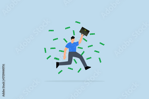 Success businessman achieve financial freedom,  happy businessman jump high with money rain.