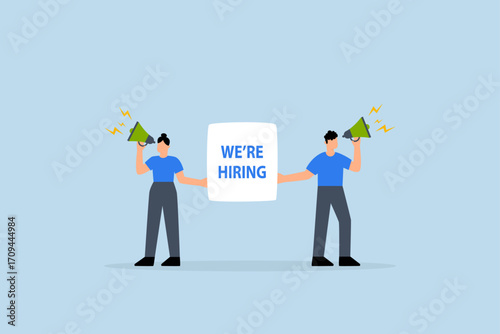business people HR with megaphone holding we are hiring sign.