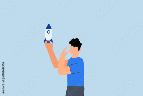 businessman and startup project, businessman grasping rocket initiative contemplating for takeoff.