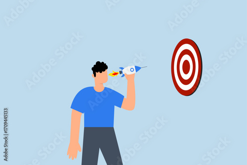 Startup success target, businessman introduces novel rocket to strike target dartboard bullseye.
