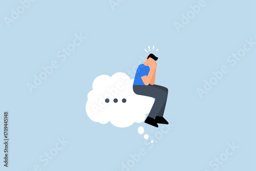 Think of solution, considerate businessman perched like a philosopher on a contemplation cloud.