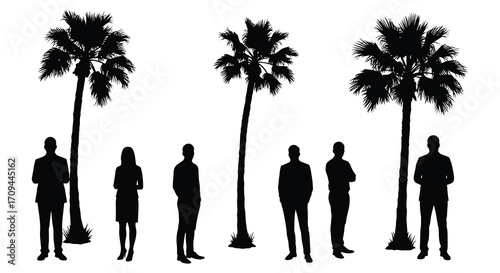 Silhouettes of palm trees and people against a bright white background