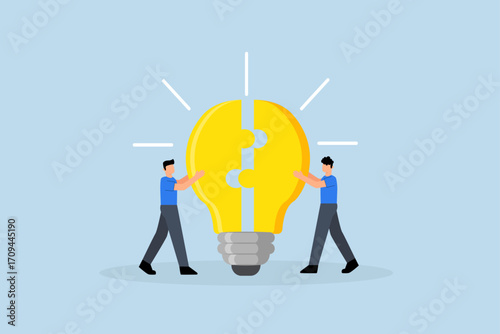 Teamwork, businessman collaborators associate link idea pieces interlock collectively.