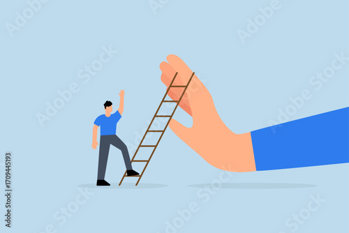 Overcome business obstacle, businessman ready to ascend ladder to defeat massive hand hindering him.