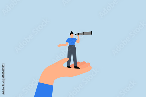 Business visionary, entrepreneur using telescope on enormous hand enables her to envision future
