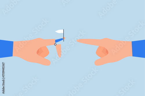 Stop argument, Two businessmen are arguing while pointing at each other, with one holding a small white flag in surrender.