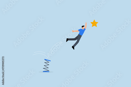 Reach success, entrepreneur springs on trampoline leaping high to catch star.