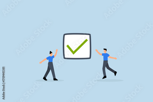 Complete task,  Joyful professionals rejoice with a completed checkmark after successfully finishing a challenging project.