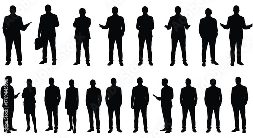 Silhouettes of business people in various poses and formal attire