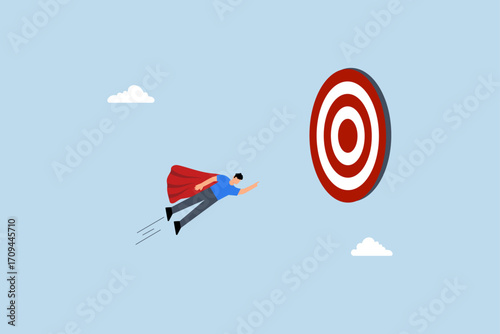Goal achievement, entrepreneur superhero zooming quickly towards business goal.