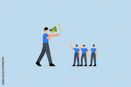 Dominant leader, enormous corporate executive using loudspeaker to direct staff.