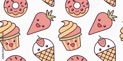 Seamless vector doodle pattern of kawaii-style desserts including fruits, cupcakes, ice creams, donuts, and candies with cute expressions