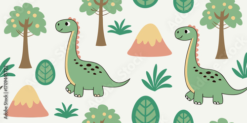 Seamless vector doodle pattern of cute friendly dinosaurs in various colors with trees, volcanoes, and eggs in playful hand-drawn style