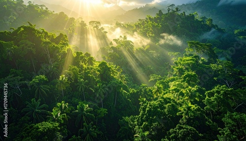 Lush Green Tropical Jungle with Sunlight Rays Aerial View in Mountainous Landscape with Rich Foliage Layers and Mist