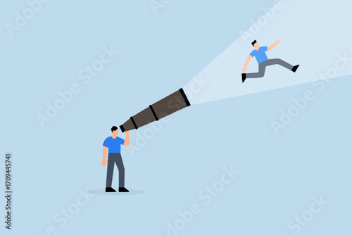 Create strong vision to lead to business success, entrepreneur gazes through binoculars to visualize himself progressing towards his objective.
