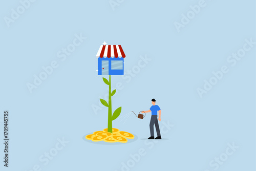 Grow your shop and earn more profit, entrepreneur watering a plant to nurture it in a large flower shop.