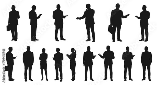 Silhouettes of business people standing and interacting in a professional setting