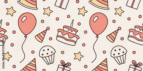 Seamless vector doodle pattern of balloons, cakes, confetti, presents, party hats, and stars in cheerful hand-drawn style