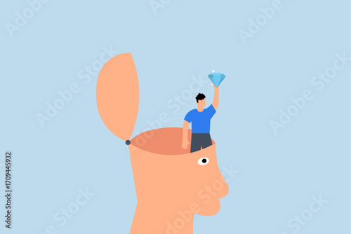 Self discovery, joyful entrepreneur achieves discovering precious gem within his mind.