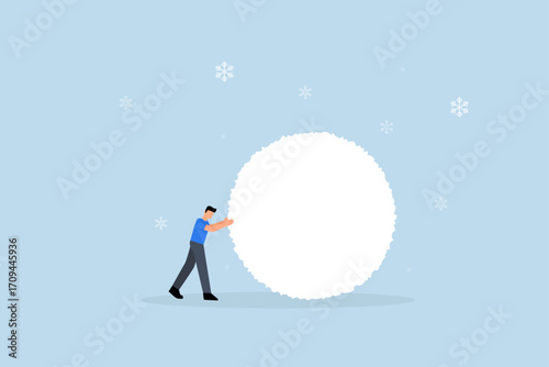 entrepreneur investor accumulating a massive snowball formed from a tiny one growing larger.