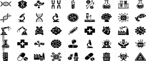 Biotechnology and Life Science Glyph Icon Set Vector - Solid Illustration for genetics, medical research, and bioengineering