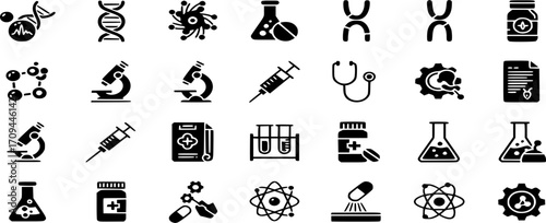 Biotechnology and Life Science Glyph Icon Set Vector - Solid Illustration for genetics, medical research, and bioengineering