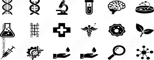 Biotechnology and Life Science Glyph Icon Set Vector - Solid Illustration for genetics, medical research, and bioengineering