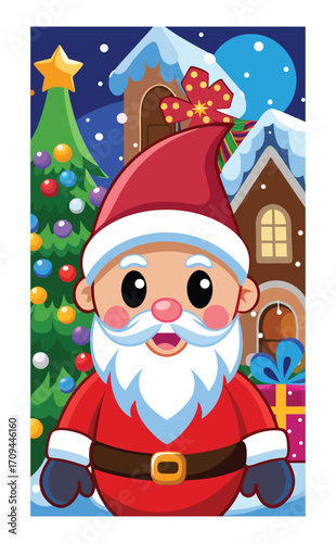 Enchanting festive holiday illustration showing Santa with Christmas tree, snowy landscape, holiday house, winter mittens, poinsettias, and sparkling seasonal decorations
