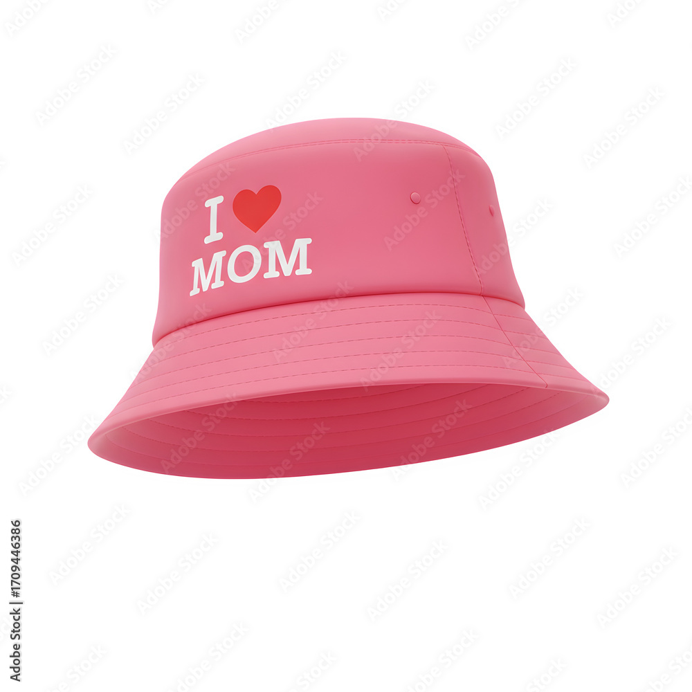 Fototapeta premium Floating bucket hat with I ❤️ MOM text, perfect for fashion, family, and Mother’s Day designs. Isolated on white or transparent background. PNG format.