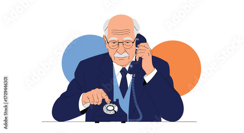An elderly gentleman in a suit using an old rotary phone.