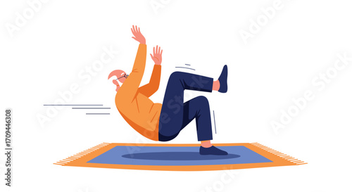 Elderly person losing balance and falling onto a rug.