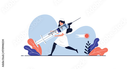 Nurse bravely charges forward with a giant syringe to fight against the invading virus.