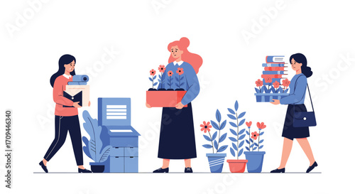 People carrying plants and boxes and standing near an office machine.