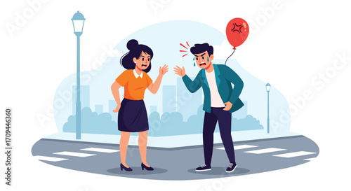 A couple arguing outdoors with a red balloon floating above them.