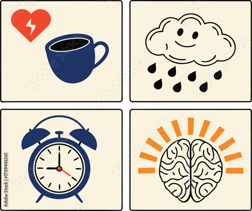 Morning Coffee Motivation Icons | Heart, Cloud, Clock, Brain Vector Set