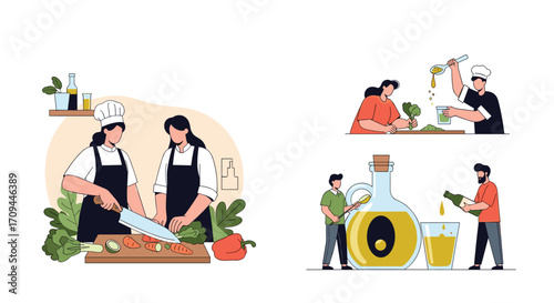 Two chefs are preparing a meal in a kitchen.