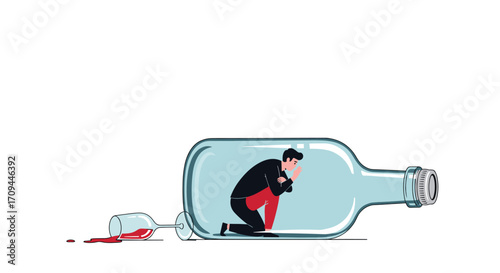 A man trapped inside a bottle with spilled wine representing his struggle with addiction.