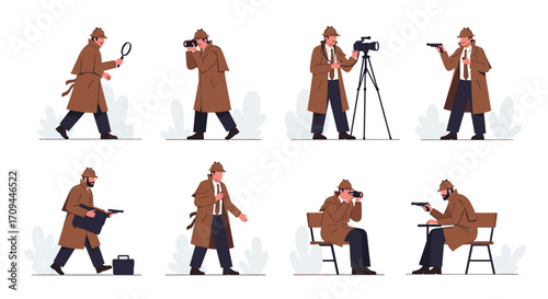 Vintage detective in trench coat and fedora hat poses with magnifying glass camera and gun.