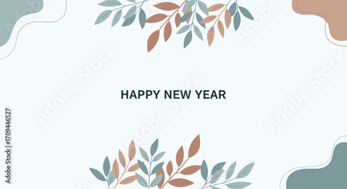 Happy New Year greeting card with decorative leaves and minimalist design.