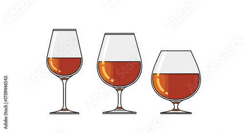 Three glasses with amber colored liquid on white background.