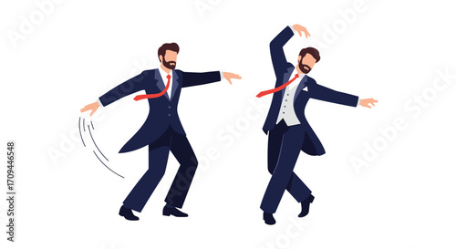 Two stylishly dressed gentlemen performing elegant dance moves