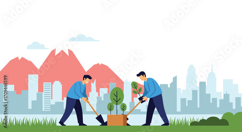 Two people plant a tree in a city park with mountains in the background.