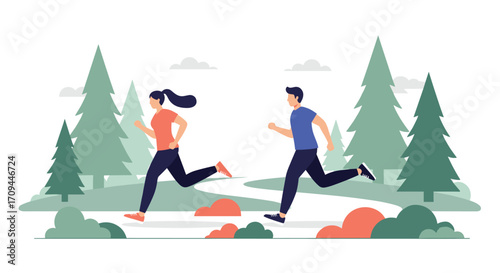A man and woman jogging together through a scenic forest path on a bright day.