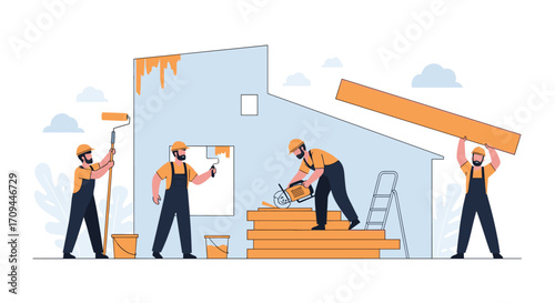Construction workers building a house with wood and paint.