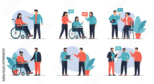 Diverse people communicating in various settings promoting inclusivity and understanding.