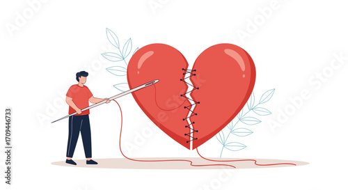 A person stitches a broken heart back together with a needle and thread.