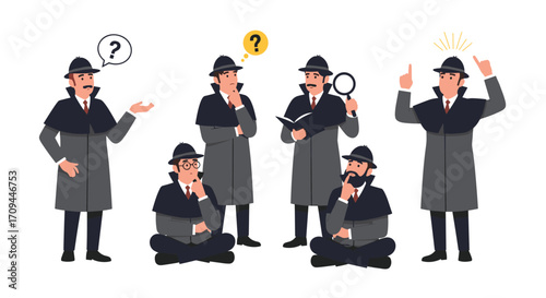 Illustrations of detectives thinking and solving mysteries with magnifying glasses and question marks.