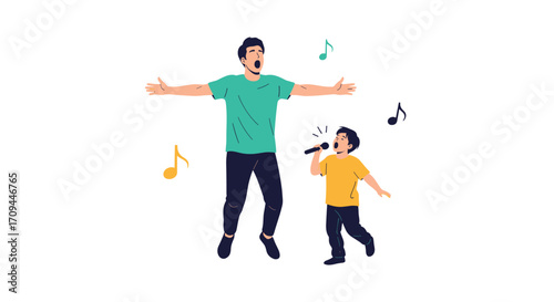 Father and son happily singing karaoke together with music notes floating around them.