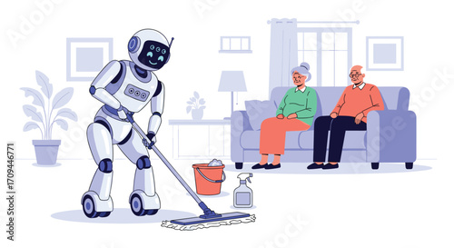 Robot helper assists elderly couple with household chores at home.
