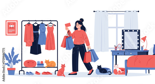 A woman enjoys a shopping spree with her cats by her side.
